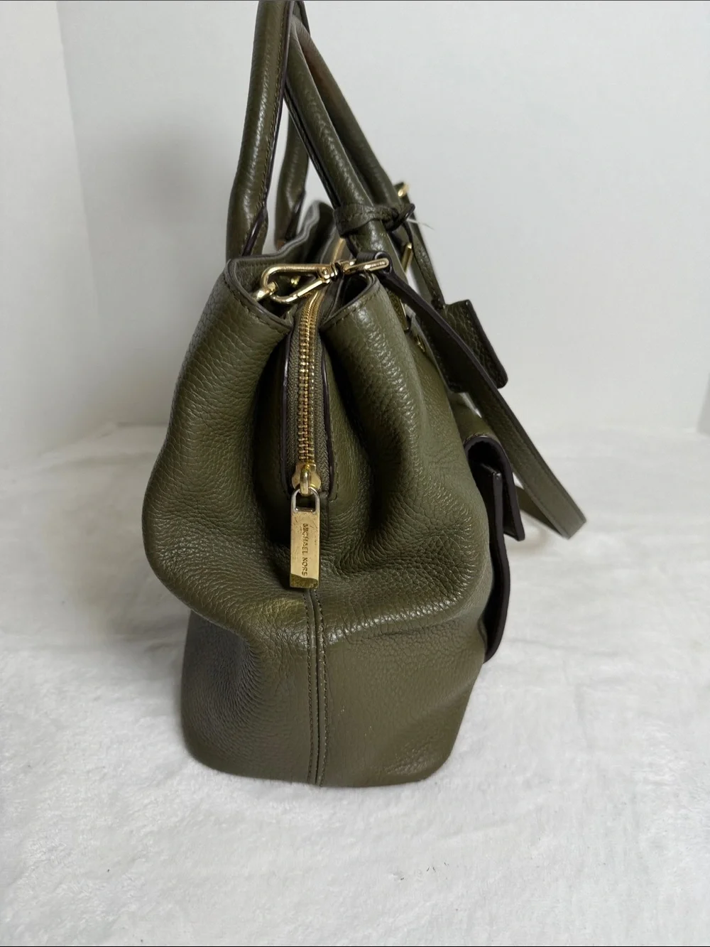 Michael Kors Olive Pebbled Leather Satchel with Gold-Tone Hardware